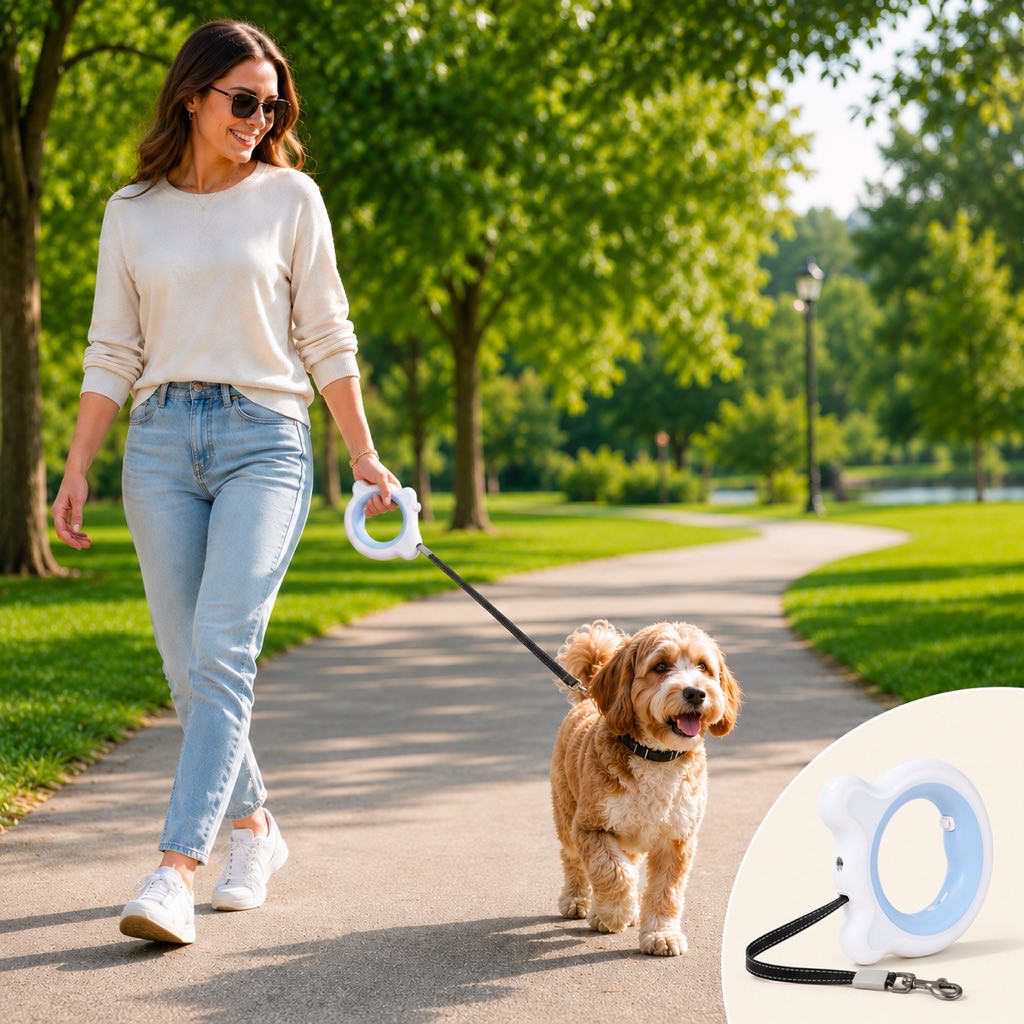 Reflective Nylon One-Touch Retractable Dog Leash (Optional LED)