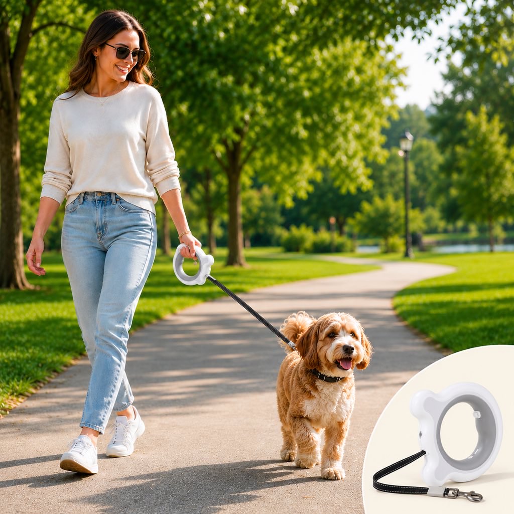 Reflective Nylon One-Touch Retractable Dog Leash (Optional LED)