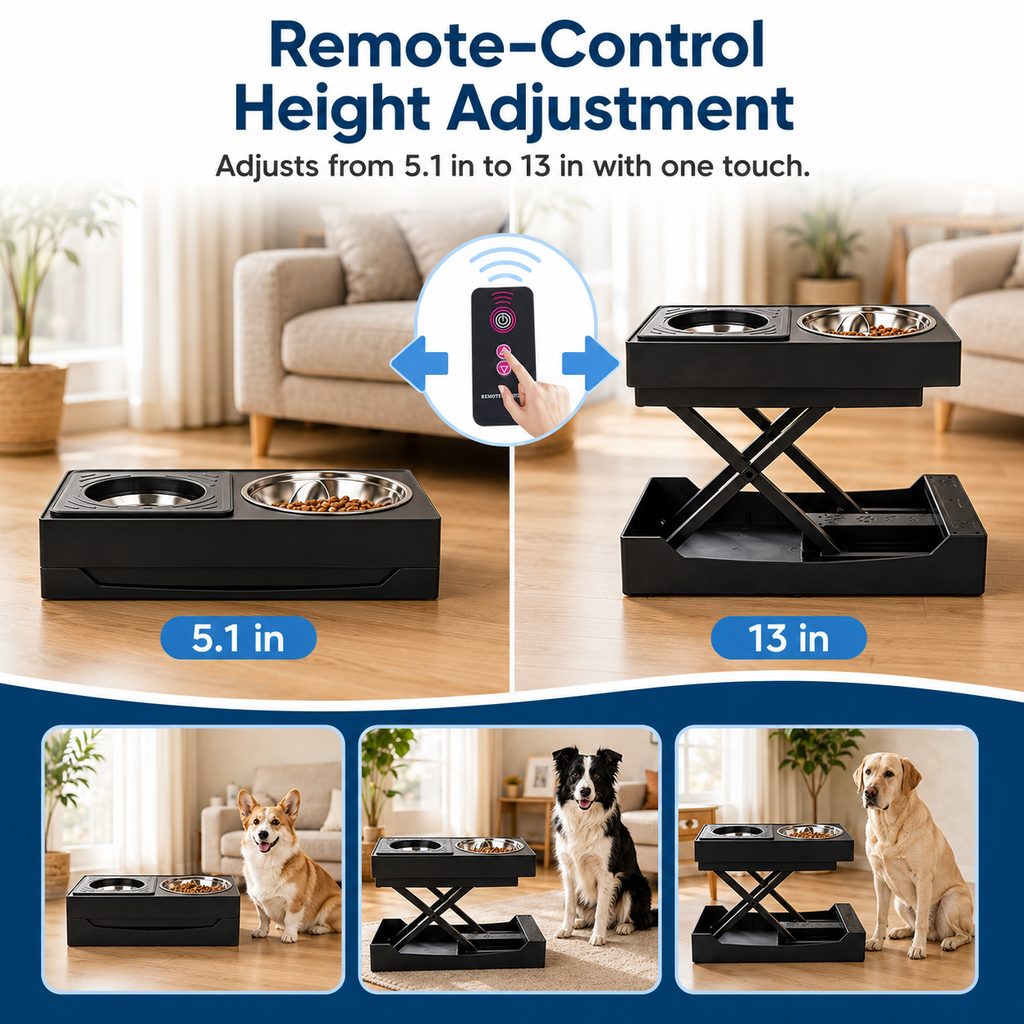 Remote-Controlled Height-Adjustable Dog Feeder (Stainless Steel Bowls)
