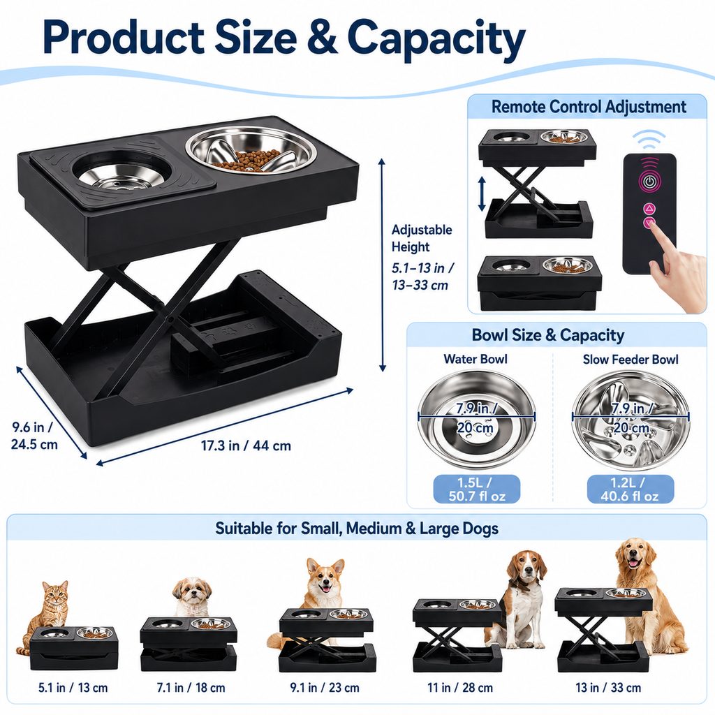 Remote-Controlled Height-Adjustable Dog Feeder (Stainless Steel Bowls)