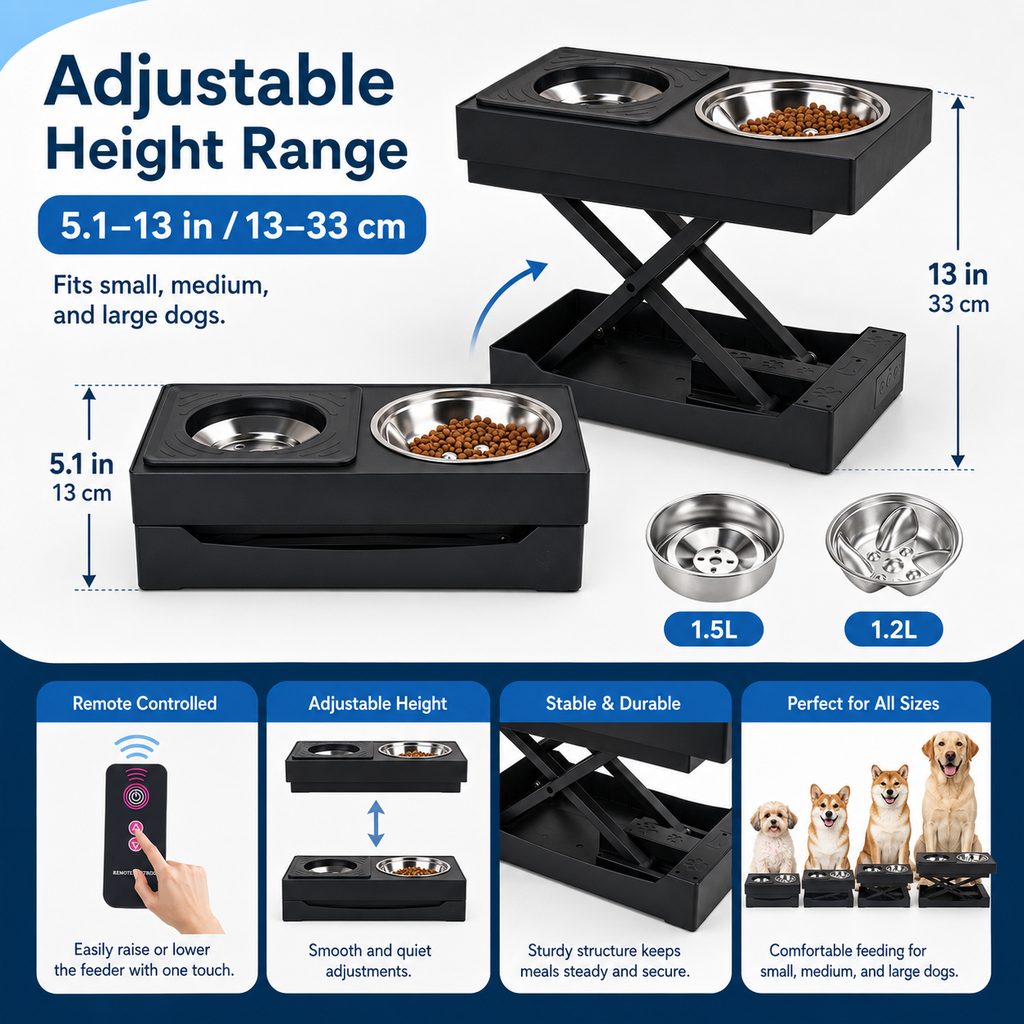 Remote-Controlled Height-Adjustable Dog Feeder (Stainless Steel Bowls)