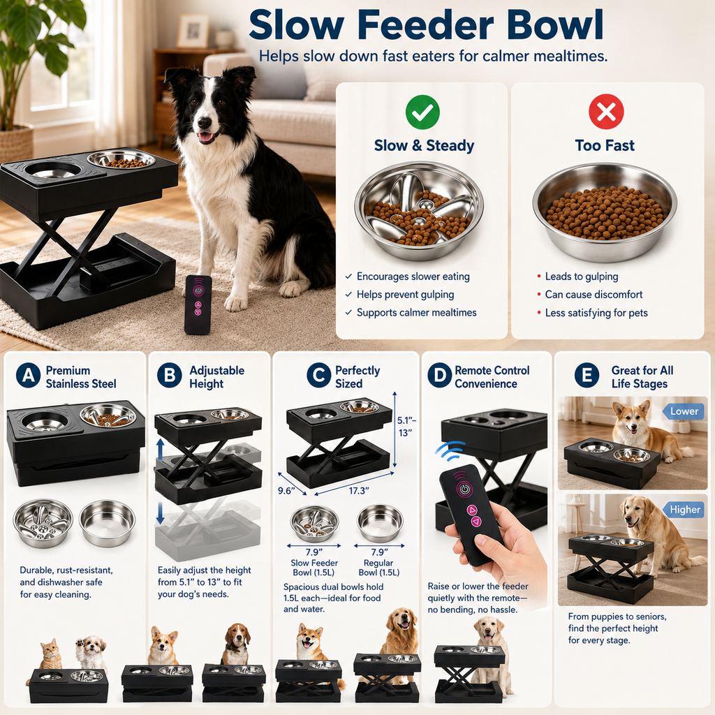 Remote-Controlled Height-Adjustable Dog Feeder (Stainless Steel Bowls)