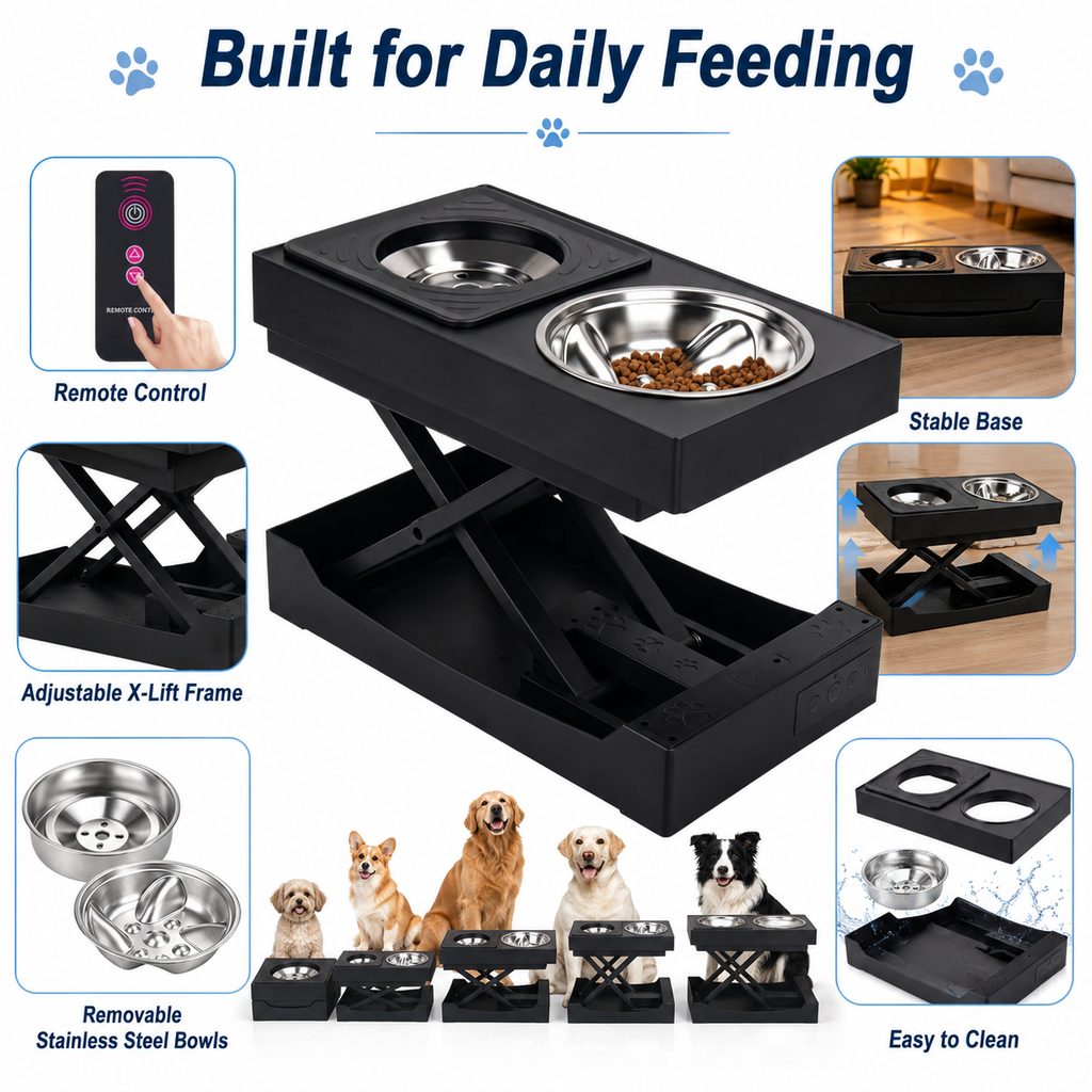 Remote-Controlled Height-Adjustable Dog Feeder (Stainless Steel Bowls)
