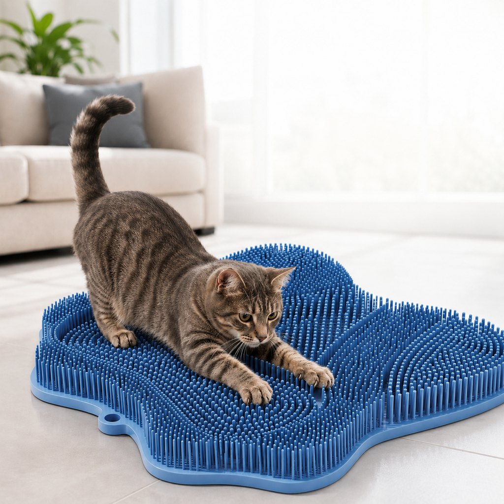 Soft TPR Bristles Cat Scratch & Massage Mat (Suction-Cup Backing)