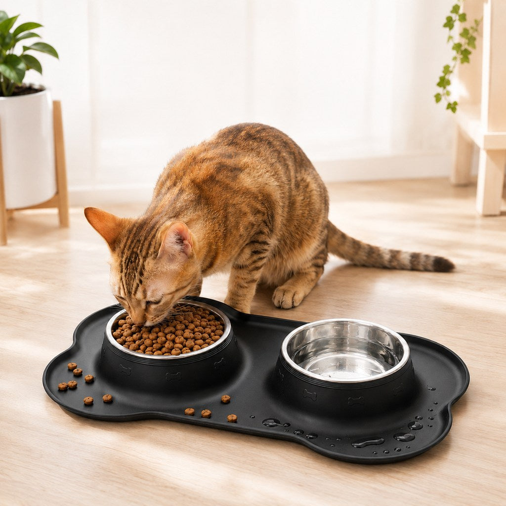 Spill-Proof Non-Slip Silicone Dual Pet Bowl (Removable Stainless Steel Bowls)