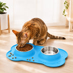 Spill-Proof Non-Slip Silicone Dual Pet Bowl (Removable Stainless Steel Bowls)