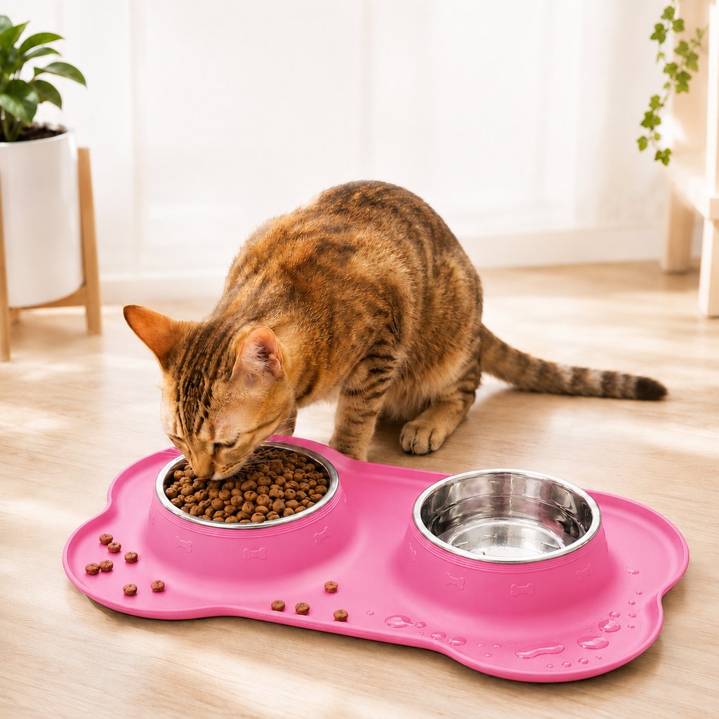 Spill-Proof Non-Slip Silicone Dual Pet Bowl (Removable Stainless Steel Bowls)
