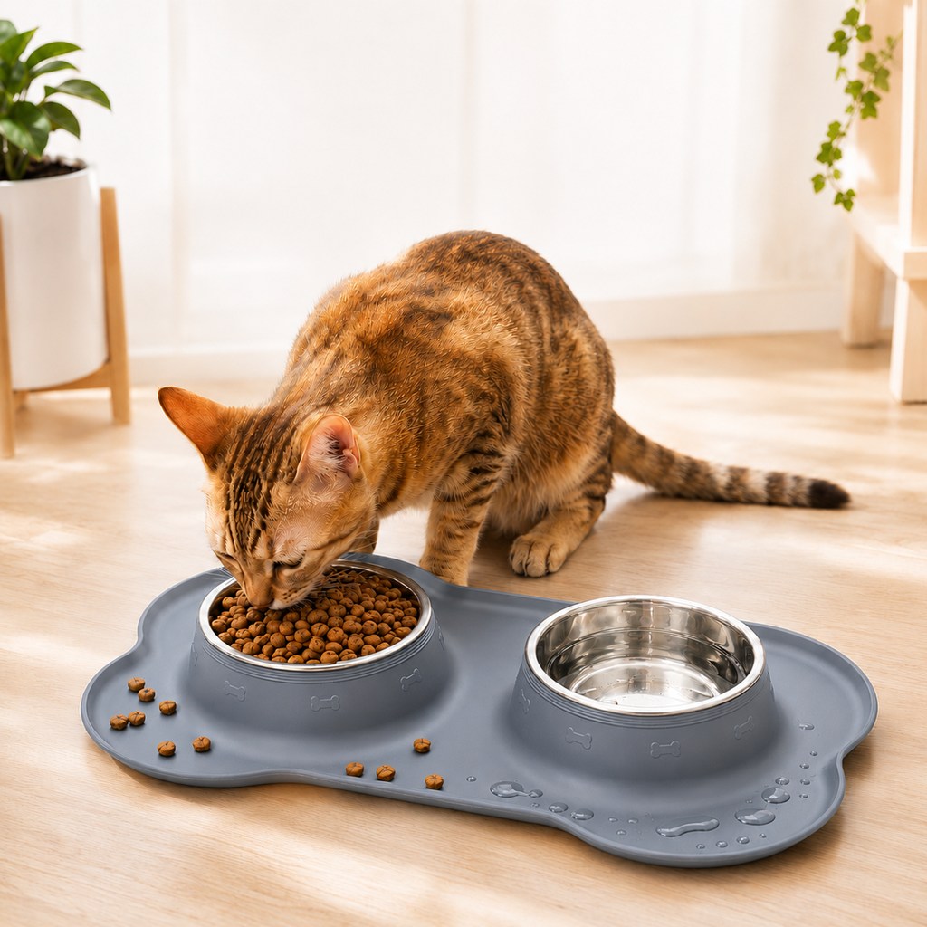 Spill-Proof Non-Slip Silicone Dual Pet Bowl (Removable Stainless Steel Bowls)