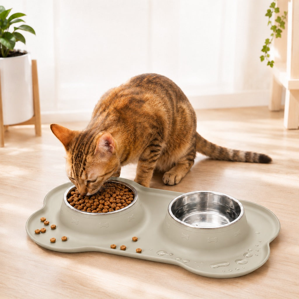 Spill-Proof Non-Slip Silicone Dual Pet Bowl (Removable Stainless Steel Bowls)