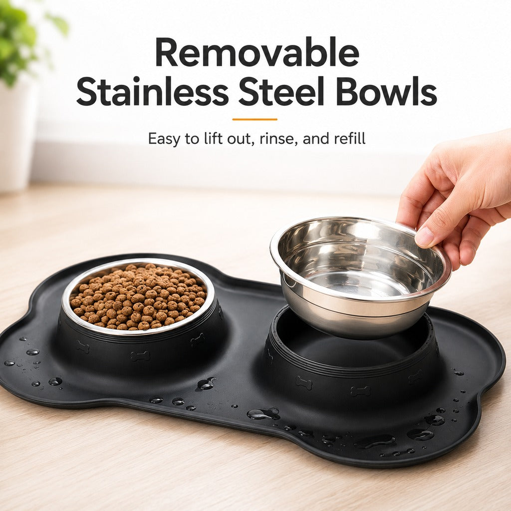 Spill-Proof Non-Slip Silicone Dual Pet Bowl (Removable Stainless Steel Bowls)