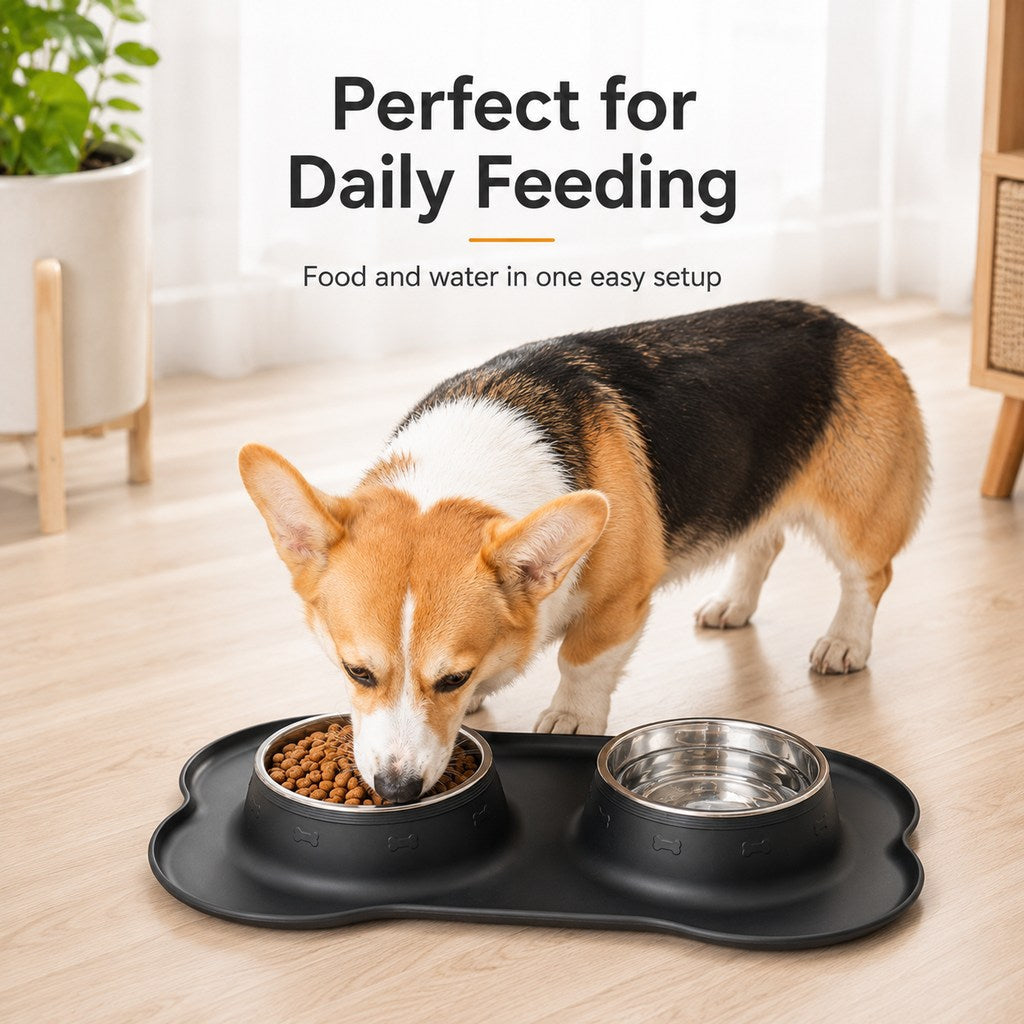 Spill-Proof Non-Slip Silicone Dual Pet Bowl (Removable Stainless Steel Bowls)