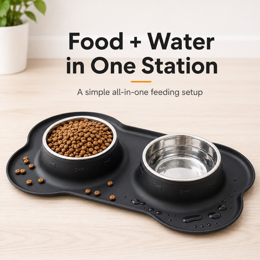 Spill-Proof Non-Slip Silicone Dual Pet Bowl (Removable Stainless Steel Bowls)