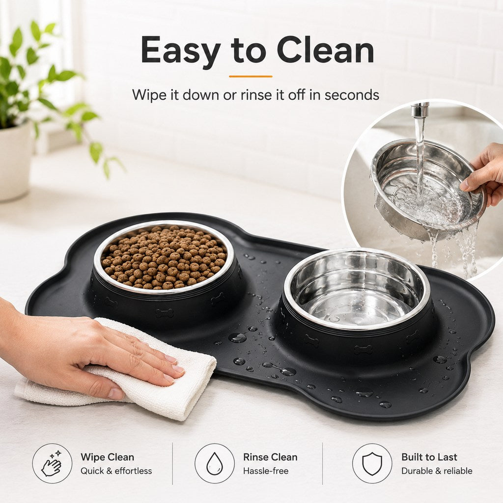 Spill-Proof Non-Slip Silicone Dual Pet Bowl (Removable Stainless Steel Bowls)