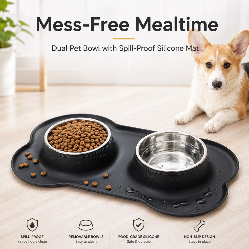 Spill-Proof Non-Slip Silicone Dual Pet Bowl (Removable Stainless Steel Bowls)