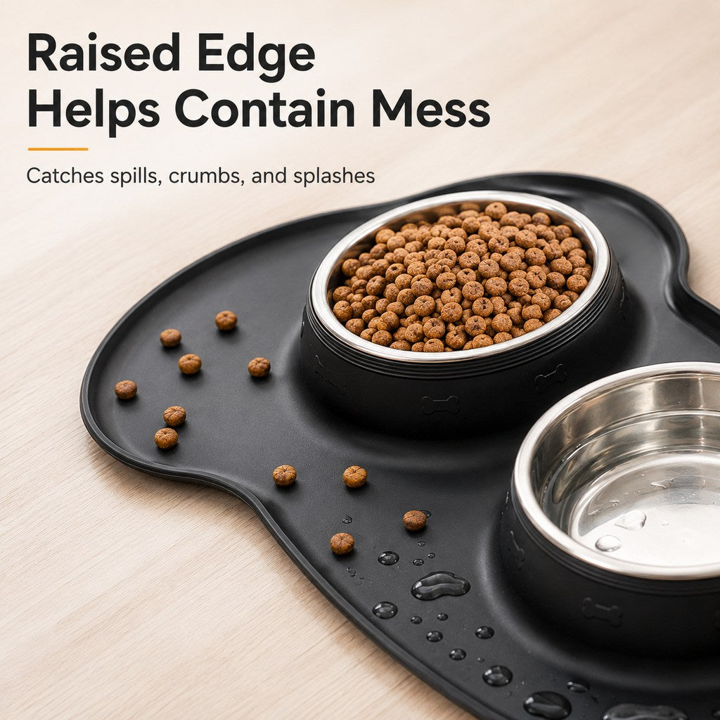 Spill-Proof Non-Slip Silicone Dual Pet Bowl (Removable Stainless Steel Bowls)