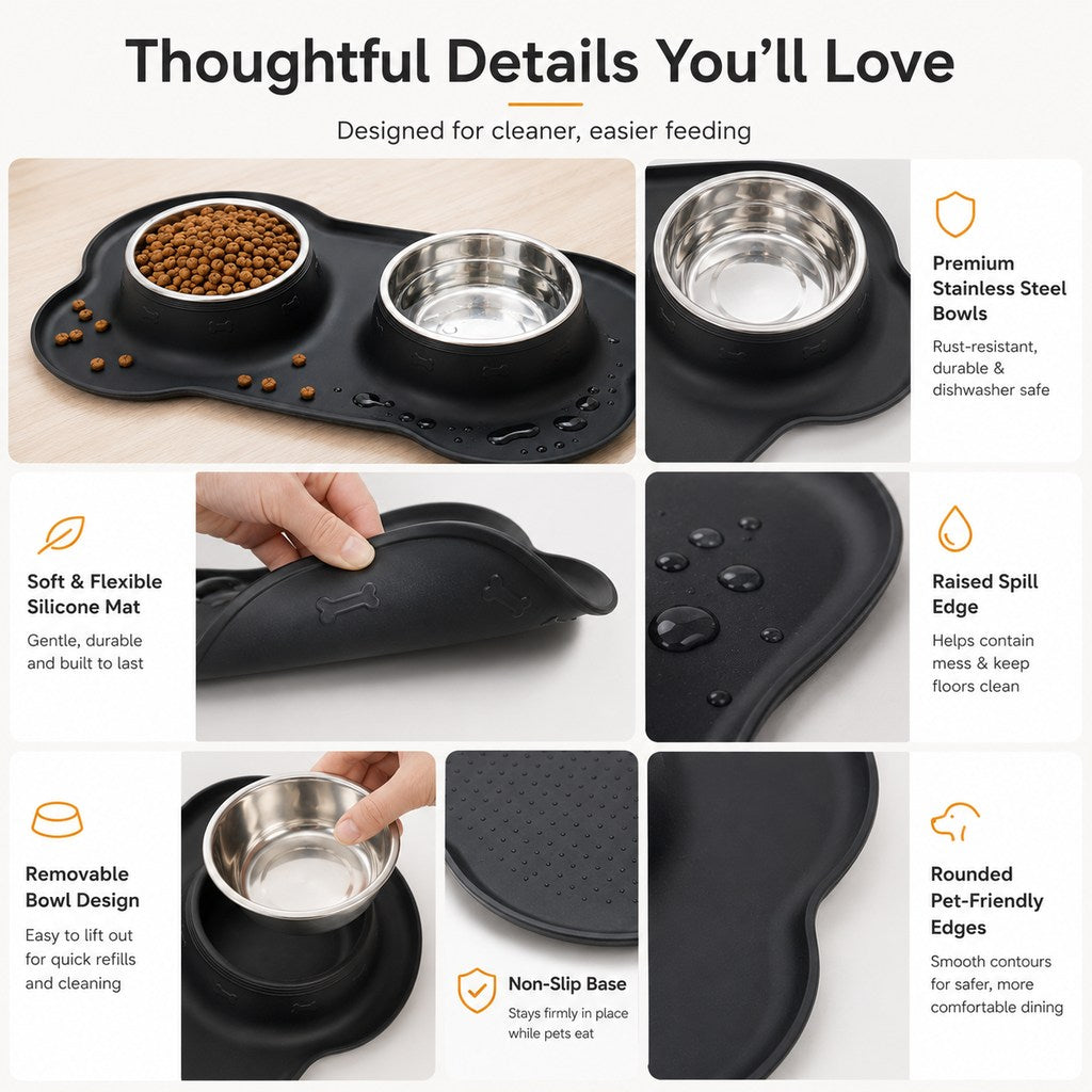Spill-Proof Non-Slip Silicone Dual Pet Bowl (Removable Stainless Steel Bowls)