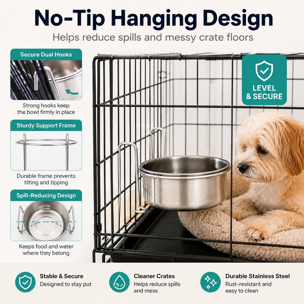 Stainless Steel No-Tip Hanging Pet Bowl (For Wire Crates)