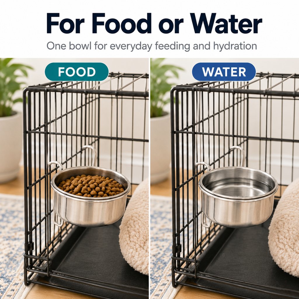 Stainless Steel No-Tip Hanging Pet Bowl (For Wire Crates)