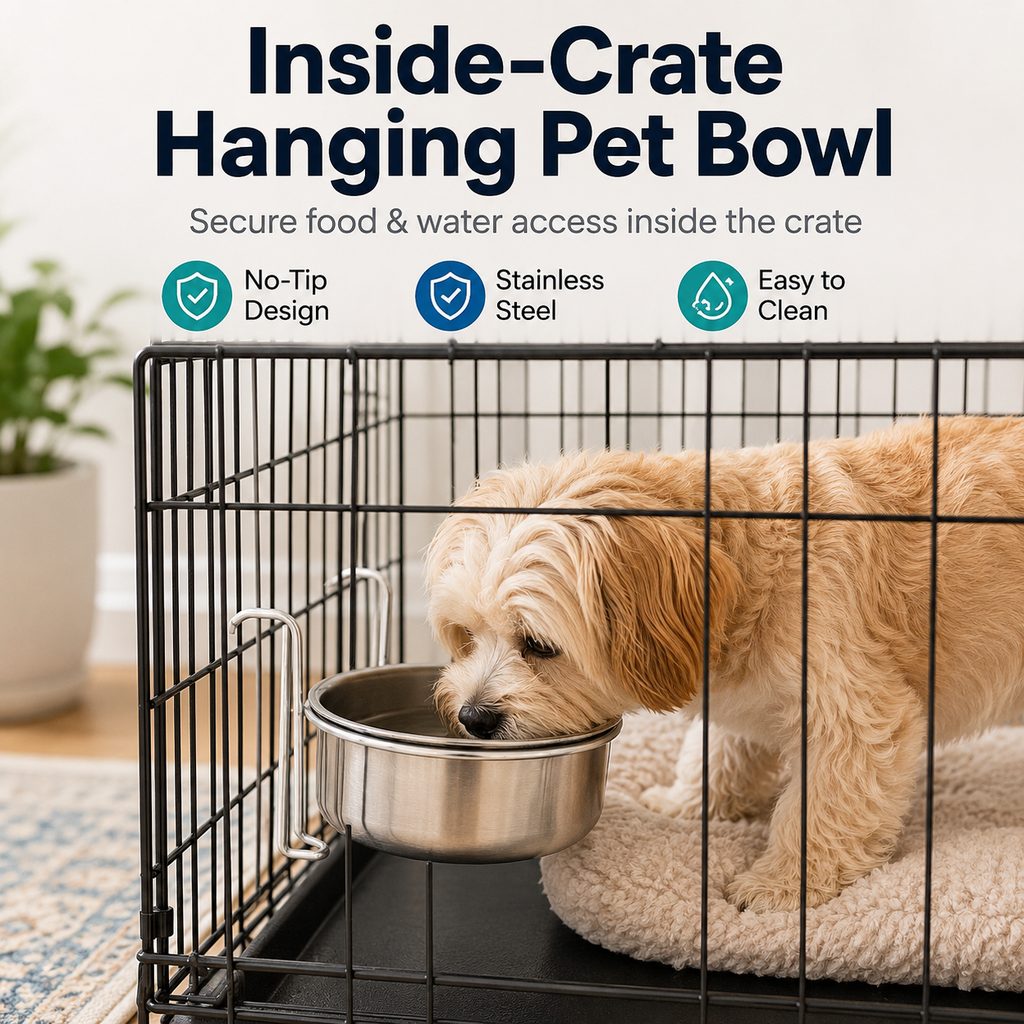 Stainless Steel No-Tip Hanging Pet Bowl (For Wire Crates)