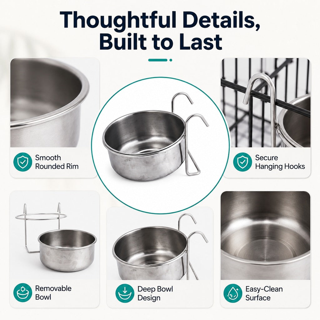 Stainless Steel No-Tip Hanging Pet Bowl (For Wire Crates)