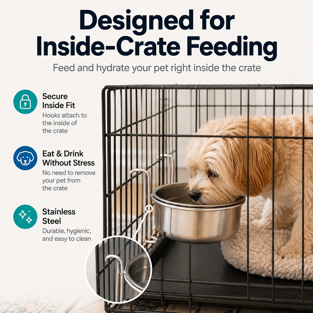 Stainless Steel No-Tip Hanging Pet Bowl (For Wire Crates)