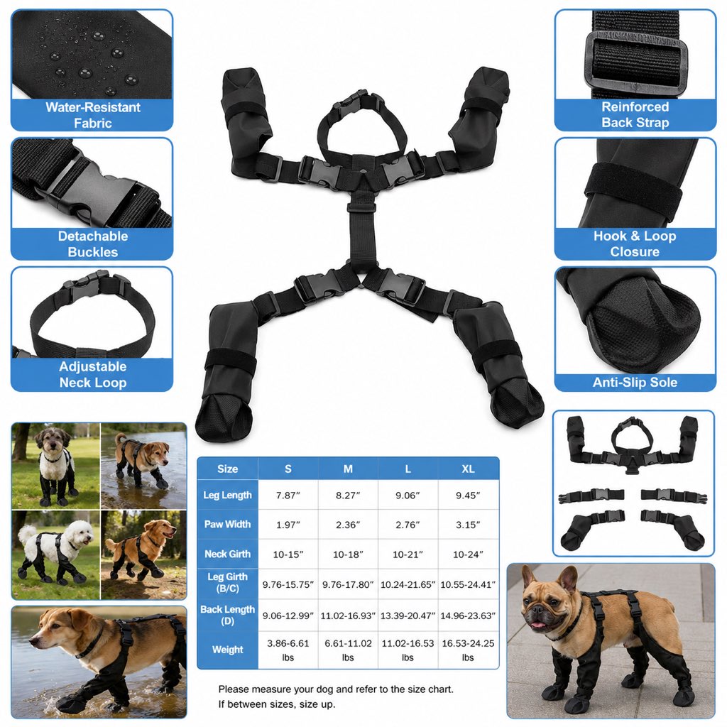 Stay-On Harness Water-Resistant & Anti-Slip Dog Boots