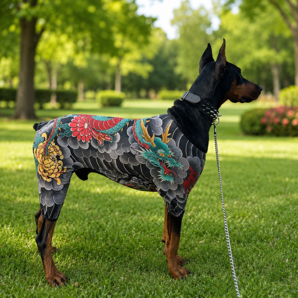 Tattoo-Print Soft Stretch Pet Bodysuit (Open Tail)