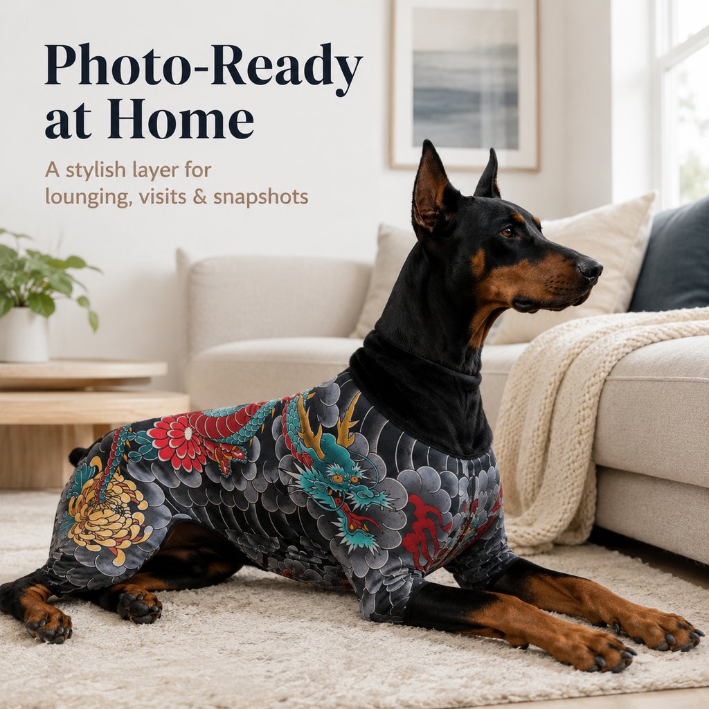 Tattoo-Print Soft Stretch Pet Bodysuit (Open Tail)