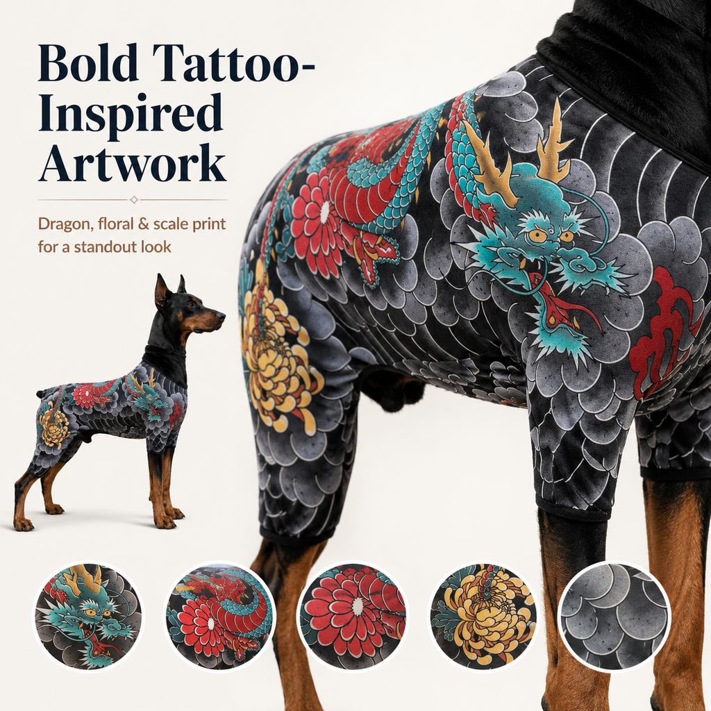 Tattoo-Print Soft Stretch Pet Bodysuit (Open Tail)