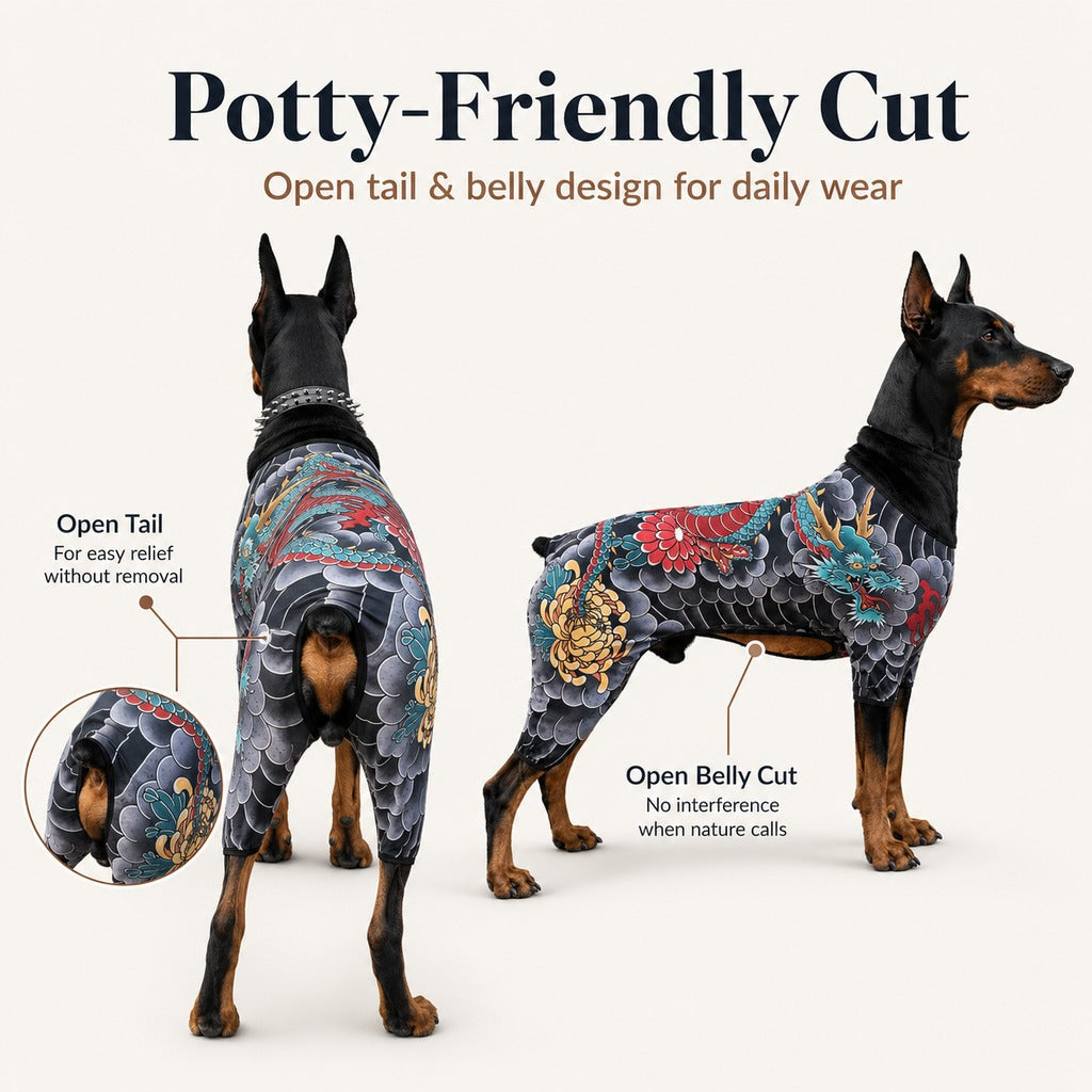 Tattoo-Print Soft Stretch Pet Bodysuit (Open Tail)