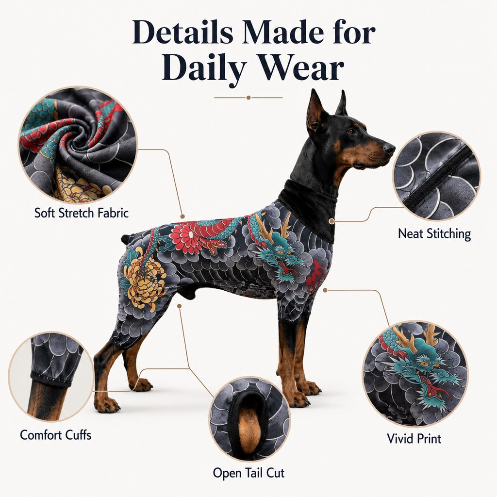 Tattoo-Print Soft Stretch Pet Bodysuit (Open Tail)