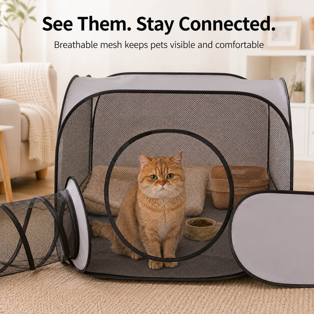 Three-Zone Breathable Mesh Cat Playpen (With Tunnel & Resting Tent)