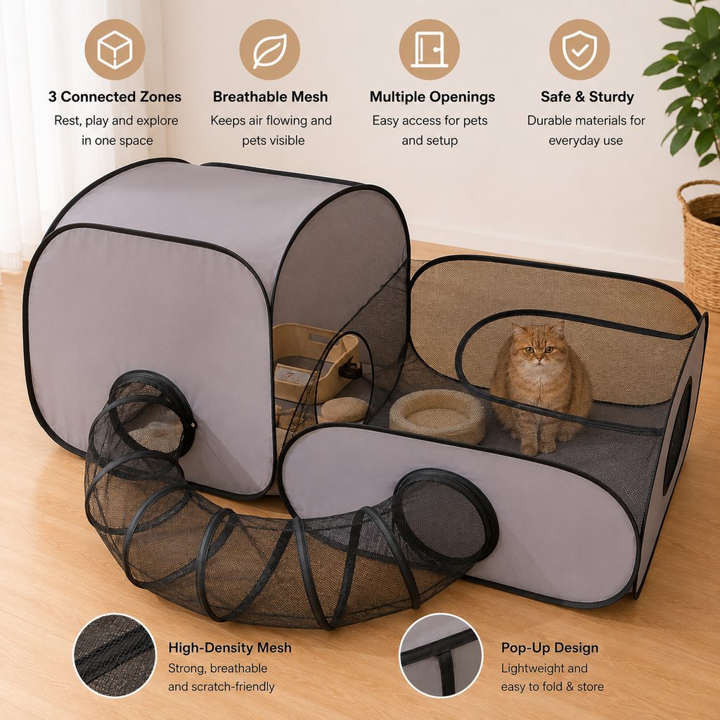 Three-Zone Breathable Mesh Cat Playpen (With Tunnel & Resting Tent)