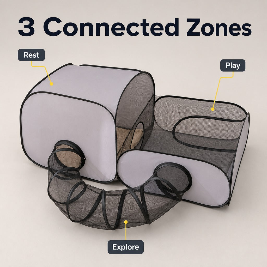 Three-Zone Breathable Mesh Cat Playpen (With Tunnel & Resting Tent)