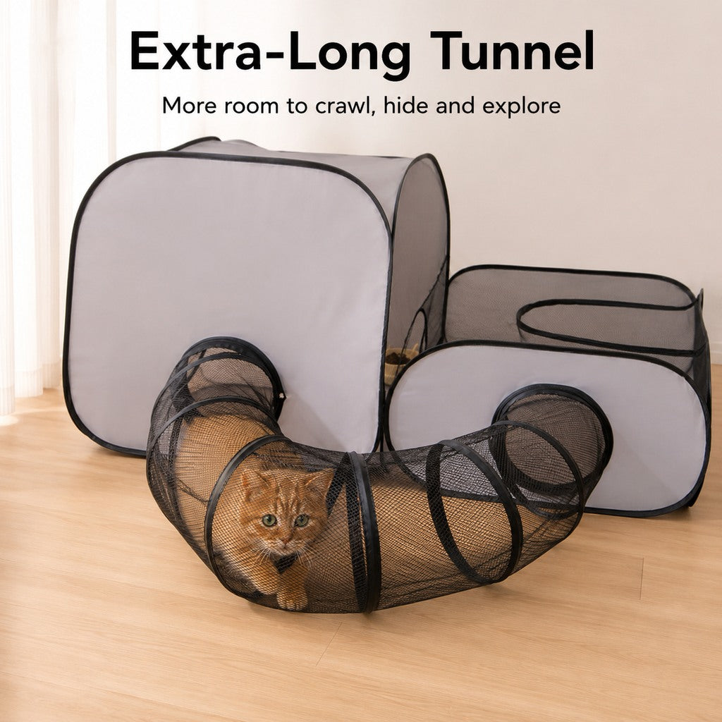 Three-Zone Breathable Mesh Cat Playpen (With Tunnel & Resting Tent)