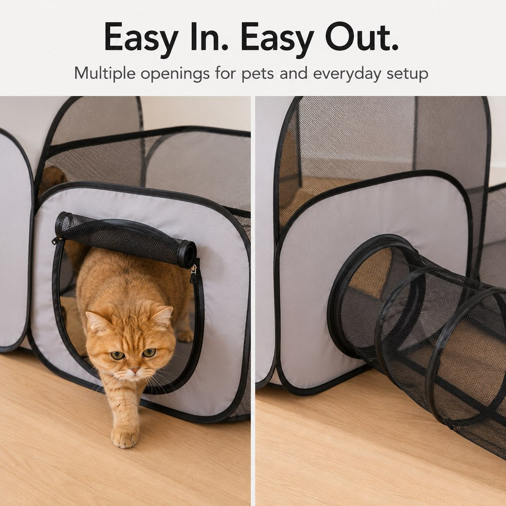 Three-Zone Breathable Mesh Cat Playpen (With Tunnel & Resting Tent)