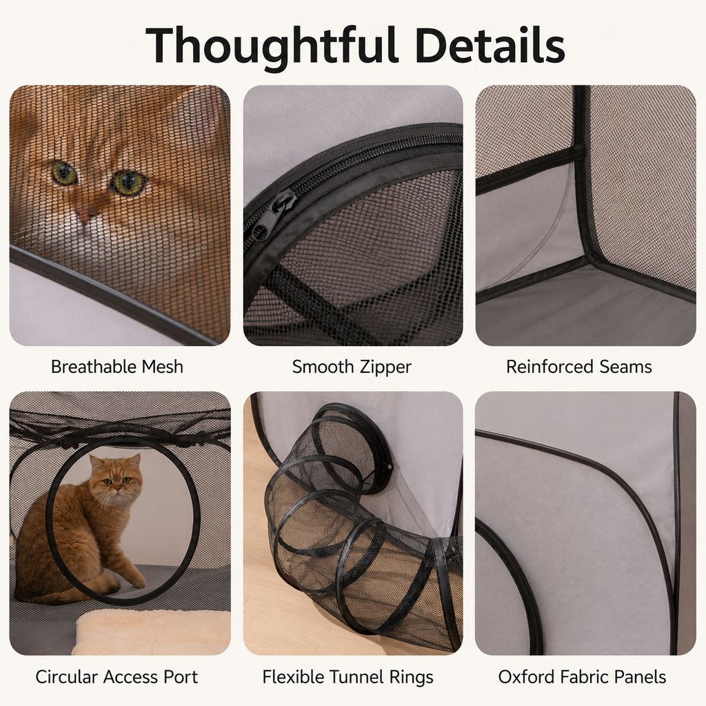 Three-Zone Breathable Mesh Cat Playpen (With Tunnel & Resting Tent)
