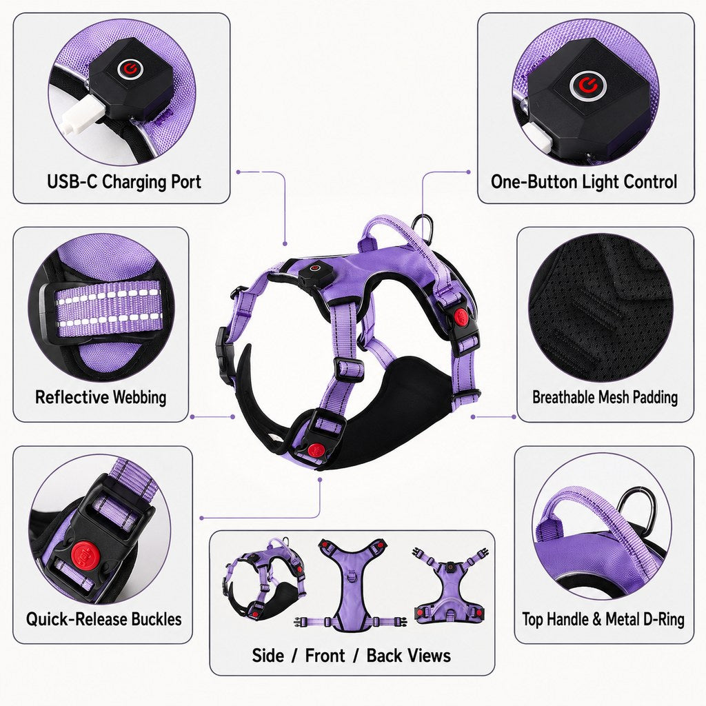 USB-C Rechargeable LED Dog Harness (Reflective Mesh)