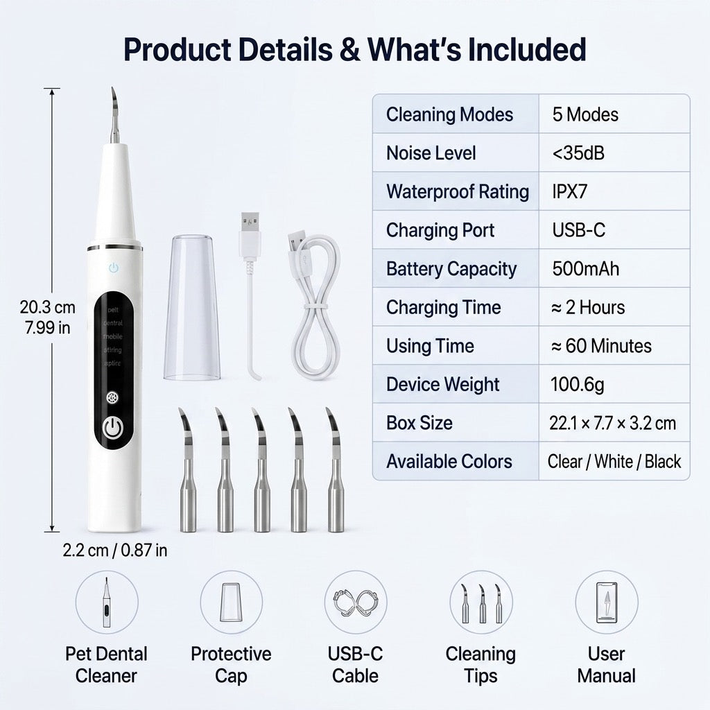 Ultrasonic USB-C Rechargeable Pet Dental Cleaner (IPX7 Waterproof)
