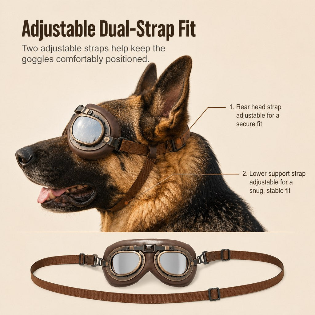 Wind & Dust-Resistant Adjustable Dual-Strap Dog Goggles (Retro Aviator)