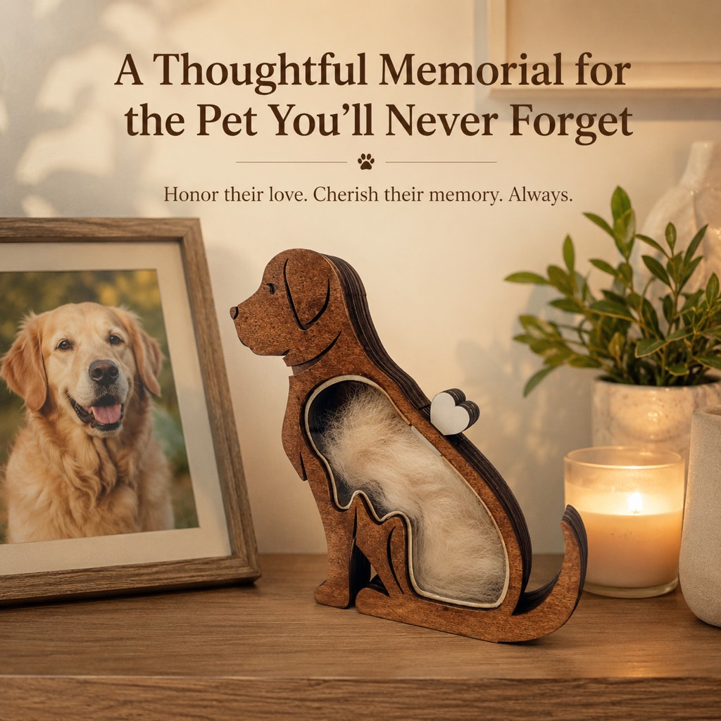 Wooden Pet Fur Keepsake Box (Acrylic Window, Heart-Shaped Top)