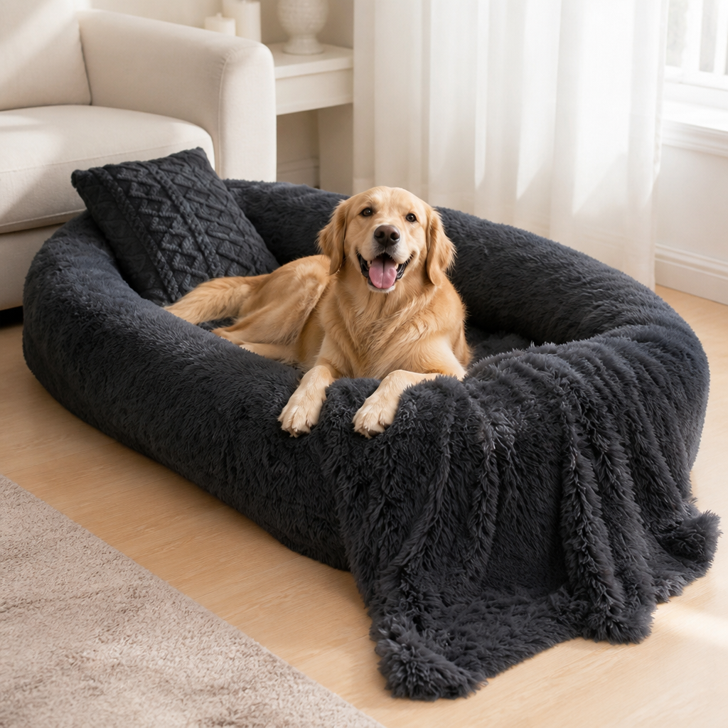 DogBedHouse Orthopedic & Washable Faux Fur Human Dog Bed (Detachable Cover)