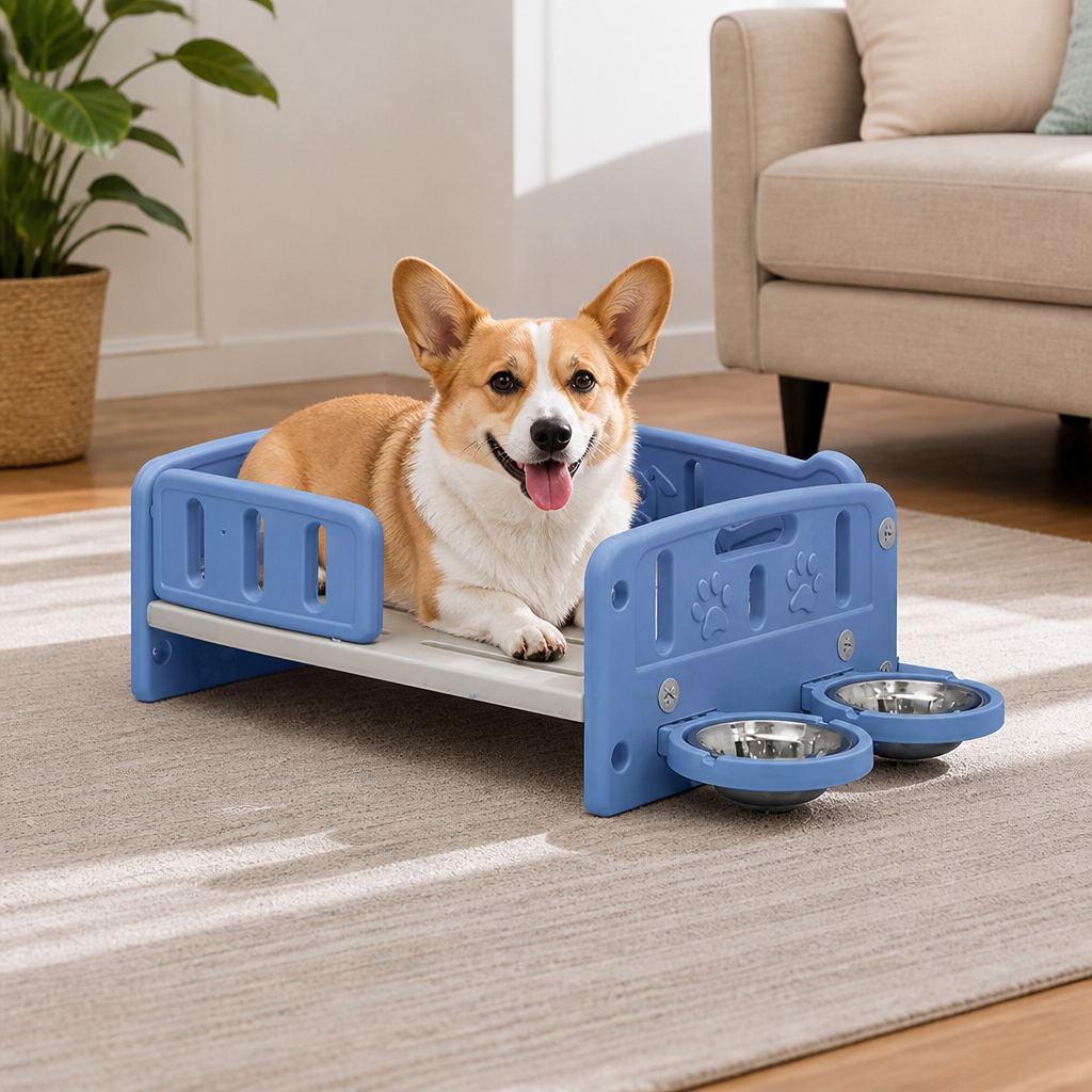 DogBedHouse Orthopedic Elevated Entry & Calming Plush Pet Sofa (Includes Bowl)
