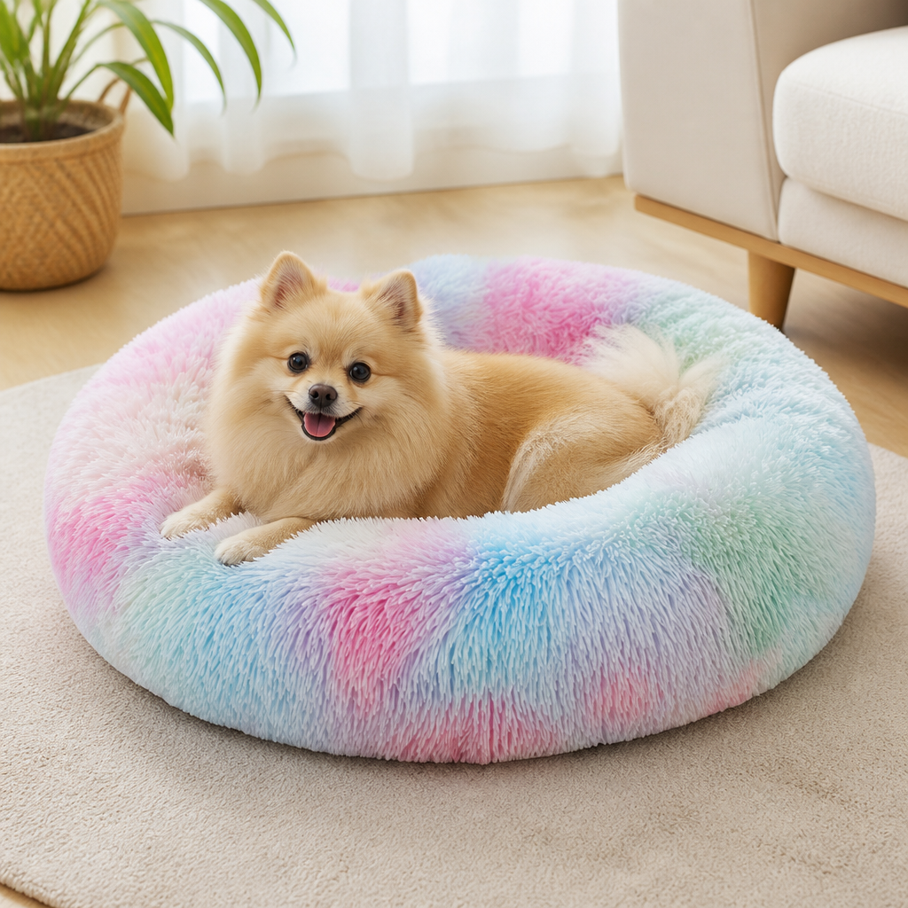 DogBedHouse Plush Long-Pile Tie-Dye Round Dog Bed