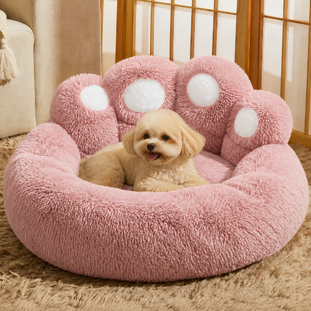 DogBedHouse Plush Faux Fur & Non-Slip Bear-Paw Dog Bed