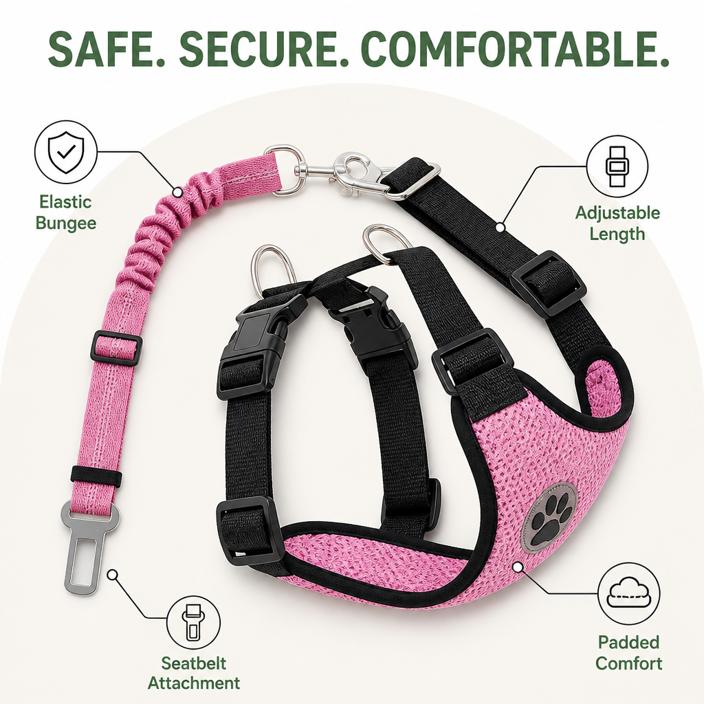 DogBedHouse Adjustable Breathable Mesh Dog Car Harness (Elastic Seatbelt Tether)